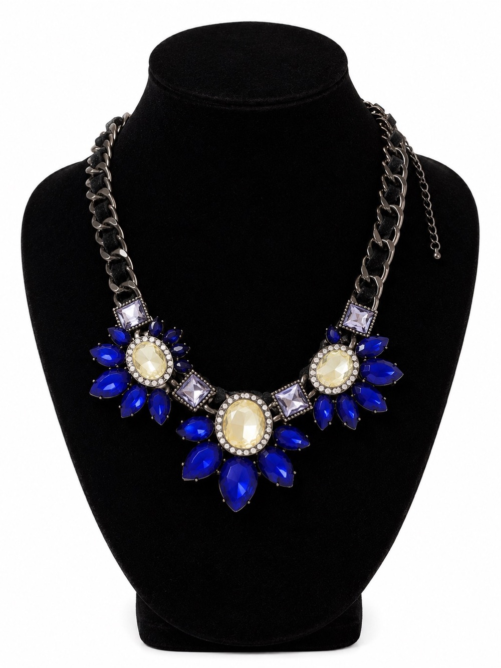 Lane Bryant Cobalt Blue and Ivory Floral Bib Necklace